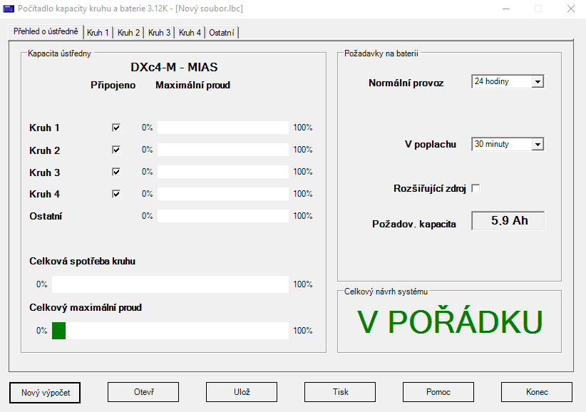 Kalkulačka Morley – baterie a smyčky – přehled o ústředně